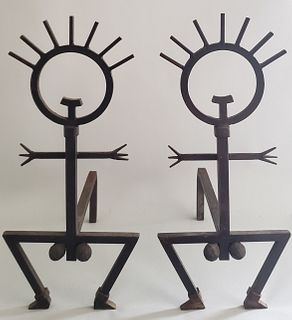 Pair of Arts and Crafts Style Wrought Iron Erotic Figural Andirons