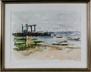 David Lazarus Watercolor on Paper "Harbor Seascape"