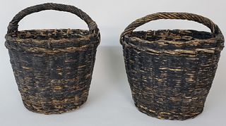 Pair of Antique Black Painted Well Water Bucket Baskets