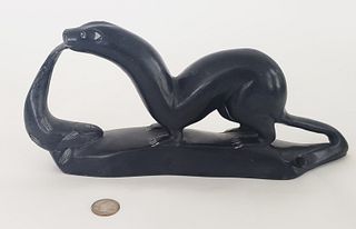 Simon Makimak Inuit Carved Soapstone Otter with Fish Sculpture