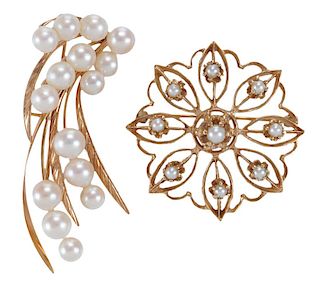 Two 14 Karat Gold and Pearl Brooches