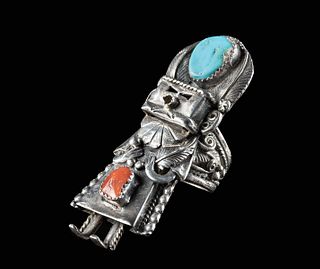 Vintage Navajo Silver, Coral & Turquoise Kachina Ring
