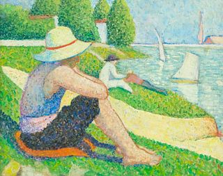 French Pointillist Painting, "Watching the Boats"
