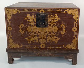 Antique Chinese Leather Box on Lacquer Stand