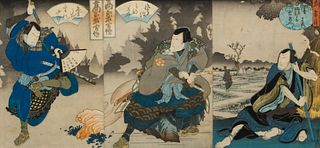 Japanese Woodblock Triptych, Samurai