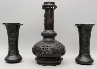 3 Japanese Bronze Meiji Period Vases