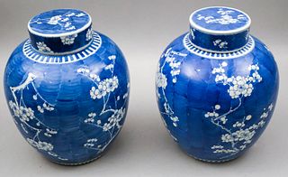 Pair of Larger Japanese Blue & White Covered Jars