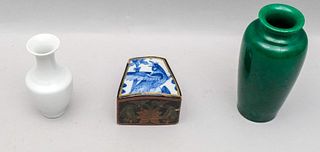 Chinese Lacquer Box & 2 Monochrome Porcelain Vases