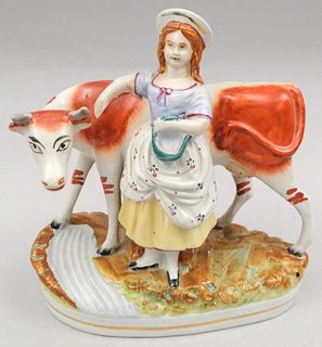 Staffordshire Figural Group, Milkmaid with Cow