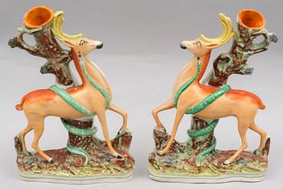 Rare Pair of Staffordshire Stag Spill Vases