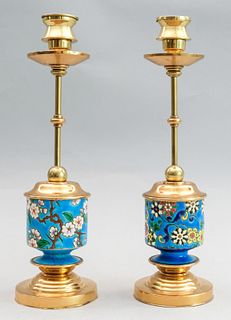 Pair of Longwy Enamel & Brass Candlesticks