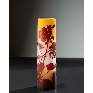 Émile Gallé, Red Floral Cylindrical Vase