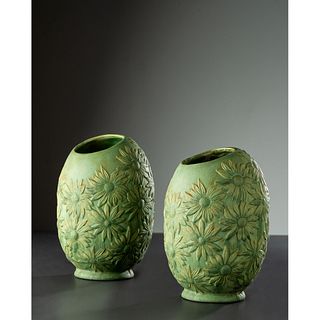 A Pair of Green Floral Vases, Possibly Tiffany Studios