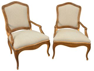 Pair of Modern Italian Open Armchairs, newly upholstered, height 40 inches, width 27 inches.
