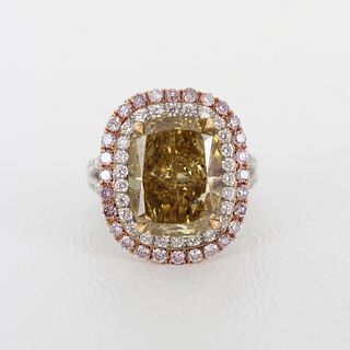 6.16CT Brownish Yellow Cushion Cut Diamond Ring