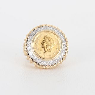 14K Gold 1851 Liberty Gold Coin & Diamond Ring