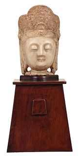 Chinese Carved Stone Head on Stand