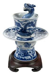 Chinese Blue and White Dragon Trick Cup on Stand