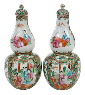 Pair Chinese Rose Medallion Double Gourd Vases