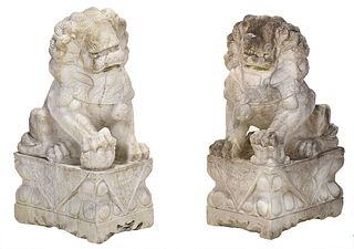 Large Pair of Carved Marble Foo Dogs
