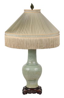 Carved Longquan Celadon Vase Mounted as Lamp