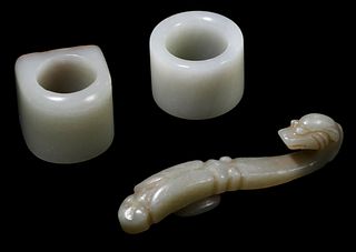 Two Carved Jade Archer's Rings and Belt Hook
