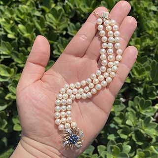 Pearl, Sapphire, Diamond and 14K Bracelet