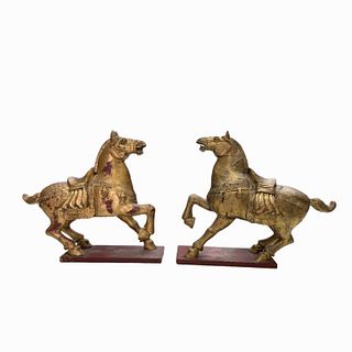 Pair of Vintage Carved Horses on Wooden Pedestal