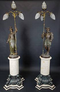 Pair of Neoclassical Four Light Figural Torcheries French Soldiers w/ Marble Pedestals Spelter, Circa 1880