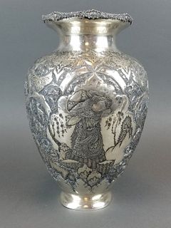 Persian Hand Hammered/ Engraved Silver Vase