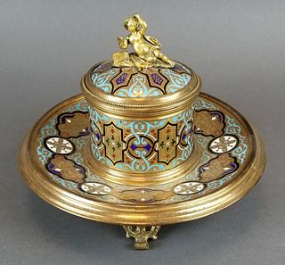 19th C. French Champleve Enamel & Bronze Inkwell