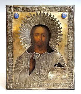 Early 19th C. Russian Painting of Jesus with Silver