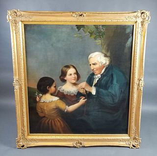 19th C. Large Painting of Grandfather and Children,