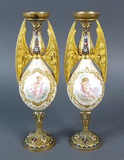 Pair of Champleve Enamel and Bronze Vases