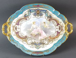 Large 19th C. French Sevres Hand Painted Tray Signed