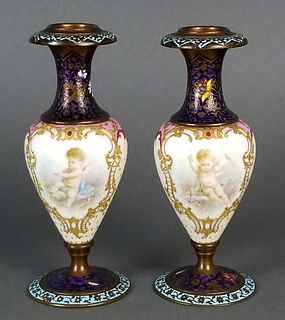 Pair of 19th C. French Champleve Enamel Urns
