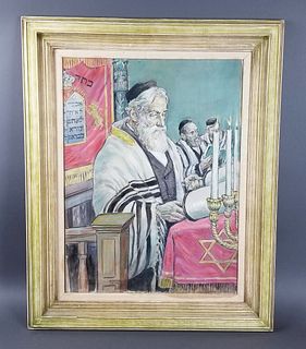 Framed Oil on Canvas "Rabbi in Synagogue Reading the
