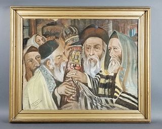 Framed Glosh Pencil on Paper "Rabbi Kissing Torah in