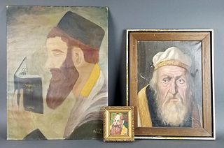 Lot of 3 Rabbi Paintings, 2 on Board 1 on Canvas