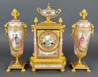 19th C. French Sevres Porcelain & Bronze Clockset