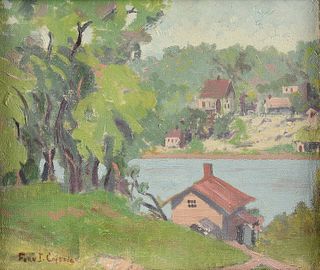 FERN ISABEL KUNS COPPEDGE (American 1883-1951) A PAINTING, "Summertime River and Cottages,"