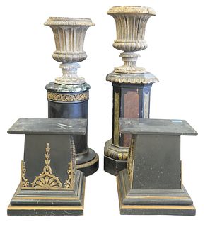  Six Piece Lot, to include two like pedestals, one with marble top; two pedestals; along with pair of carved urns, one with marble top, height 18 inch