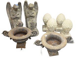 Eight Piece Group, to include four cast concrete garden finials, height 13 1/2 inches, width 8 1/4 inches; a pair of garden angels, height 21 inches; 