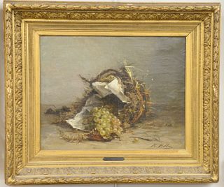 Hubert (Josse-Lambert) Bellis (Belgian, 1831 - 1902), still life with grapes in a basket, oil on canvas, signed lower right "H. Bellis," 19" x 24".