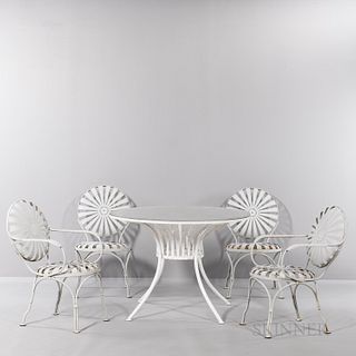 Four Francois Carre Sunburst Chairs and Glass-top Sunburst Table