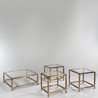 Brass and Glass Coffee Table, Occasional Table and Two End Tables