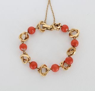 Art Deco 18K Gold & Red Coral Bracelet