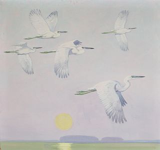 Lynn Bogue Hunt (1878-1960), Moonrise, Gulf, Little Blue Herons