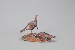Miniature Wild Turkey Pair with Poults, Allen J. King (1878-1963)