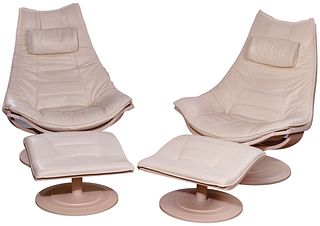 Nelo Swedish Modern Leather Chairs and Ottomans